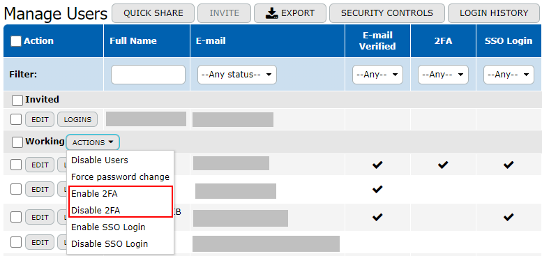 Fig: PROdb Enable 2FA in Manage Users Screen